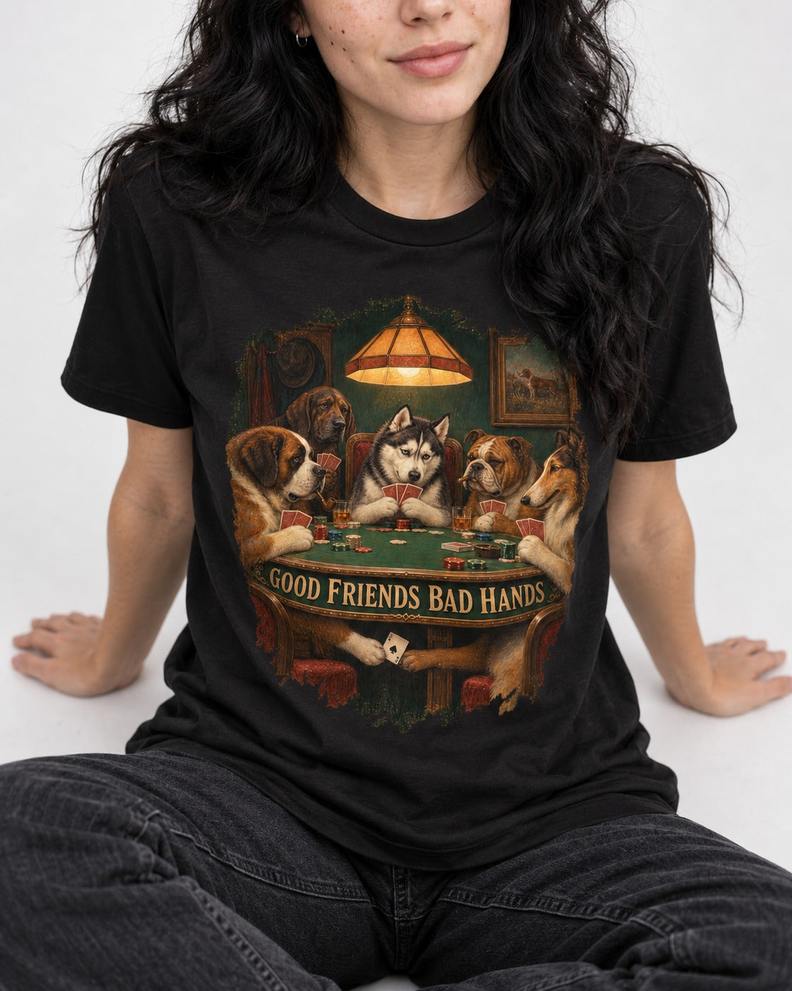 Husky Good Friends Bad Hands Poker Night Graphic T-Shirt in Black, worn by a seated model