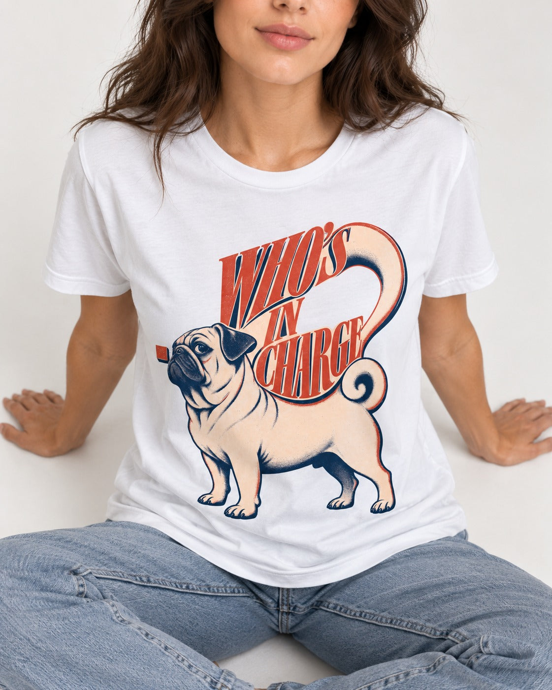 Pug In Charge T-Shirt in White, worn by a seated model