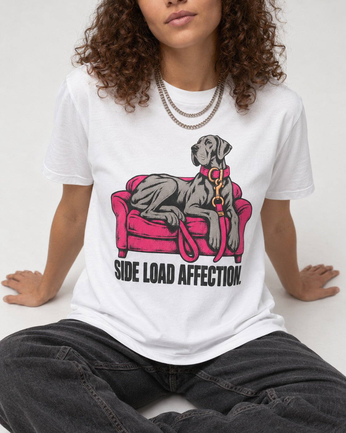 Great Dane Side Load Affection T-Shirt in White, worn by a seated model