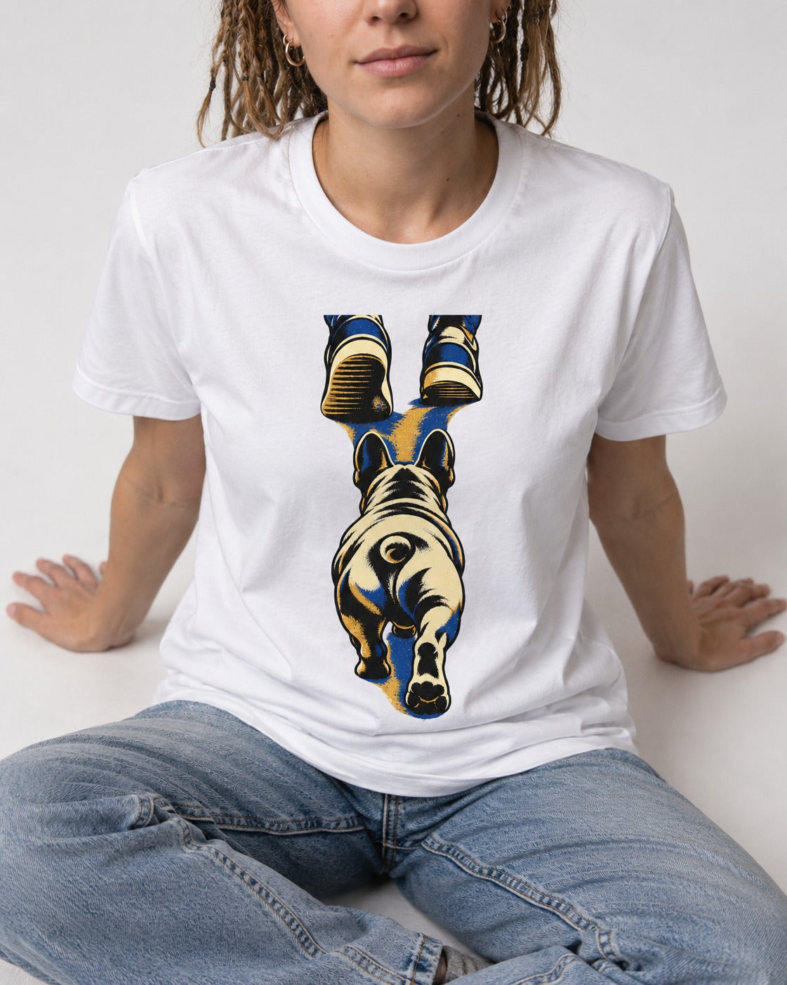 Frenchie Wherever I Go T-Shirt in White, worn by a seated model