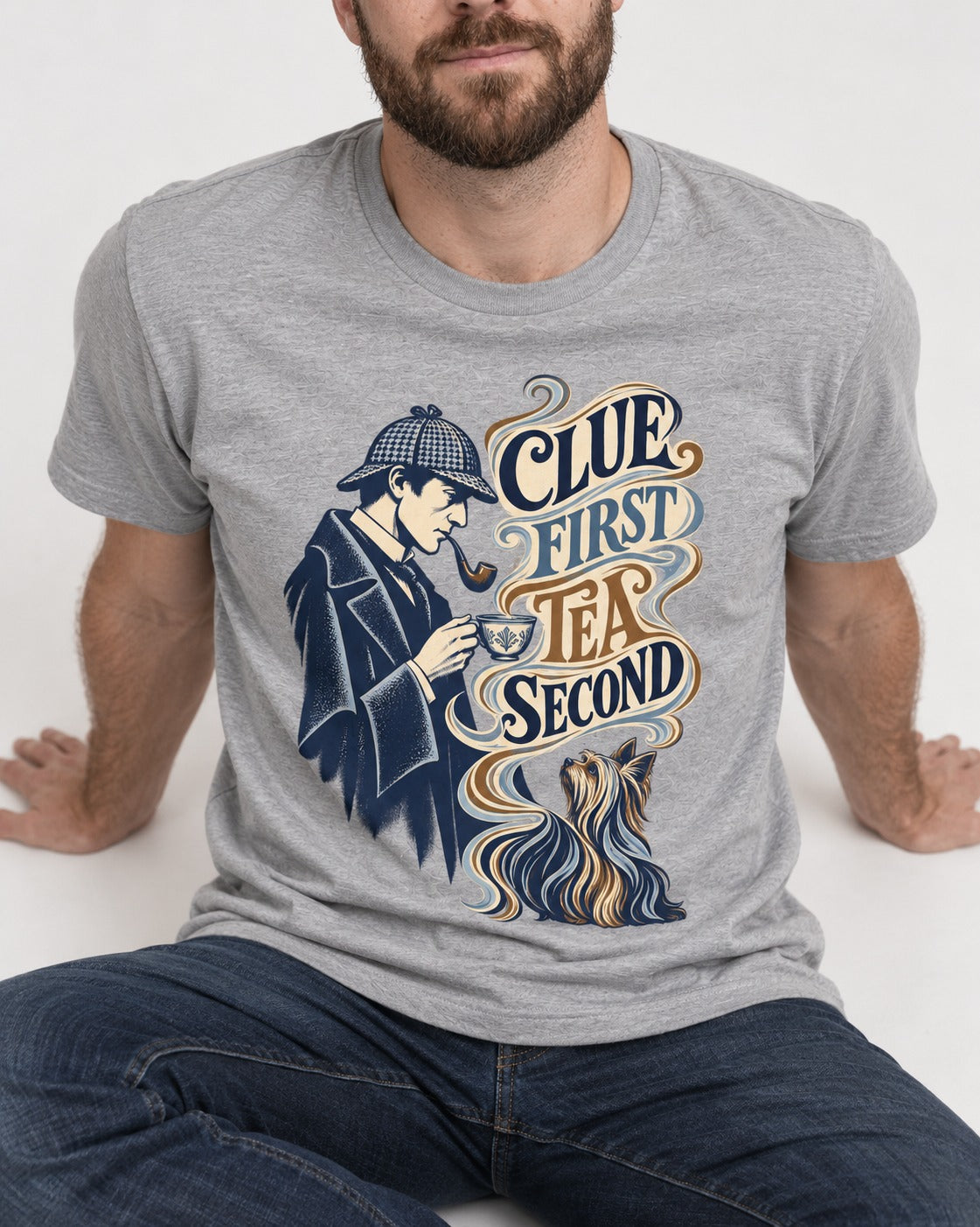 Yorkshire Terrier Clue First Tea Second Detective Graphic T-Shirt in Sport Grey, worn by a seated model