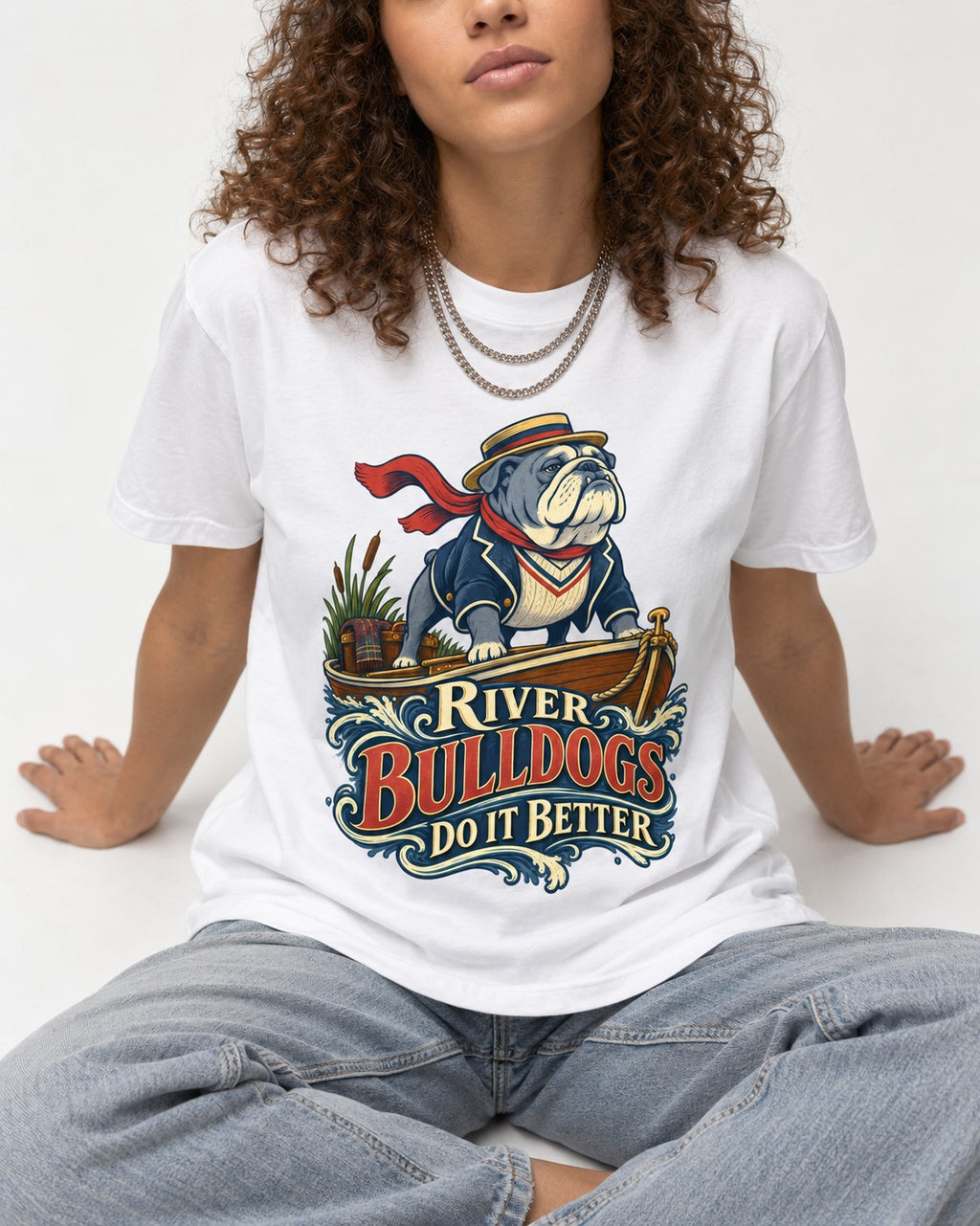 River English Bulldog Does It Better T-Shirt in White, worn by a seated model