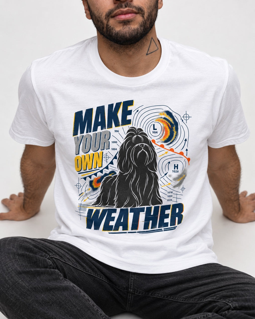 Shih Tzu Make Your Own Weather T-Shirt in White, worn by a seated model