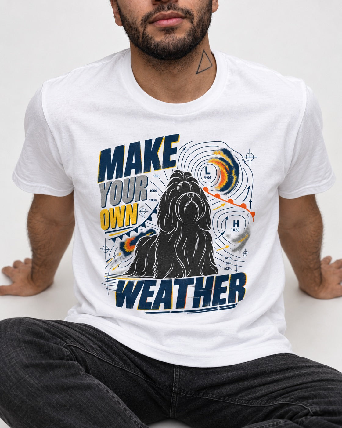 Shih Tzu Make Your Own Weather T-Shirt in White, worn by a seated model