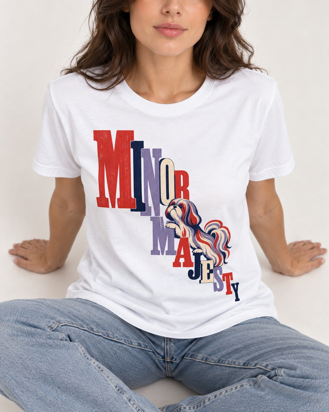Shih Tzu Minor Majesty T-Shirt in White, worn by a seated model
