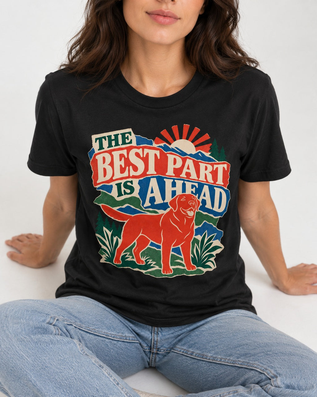 Labrador Retriever The Best Part Is Ahead Outdoor Graphic T-Shirt in Black, worn by a seated model