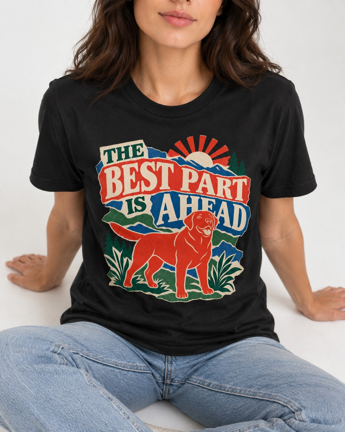 Labrador Retriever The Best Part Is Ahead Outdoor Graphic T-Shirt in Black, worn by a seated model