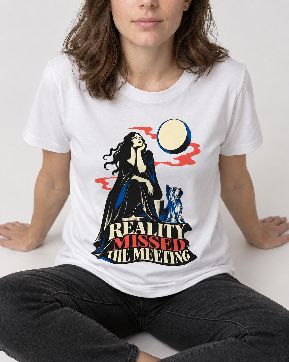 Yorkshire Terrier Reality Missed the Meeting T-Shirt in White, worn by a seated model