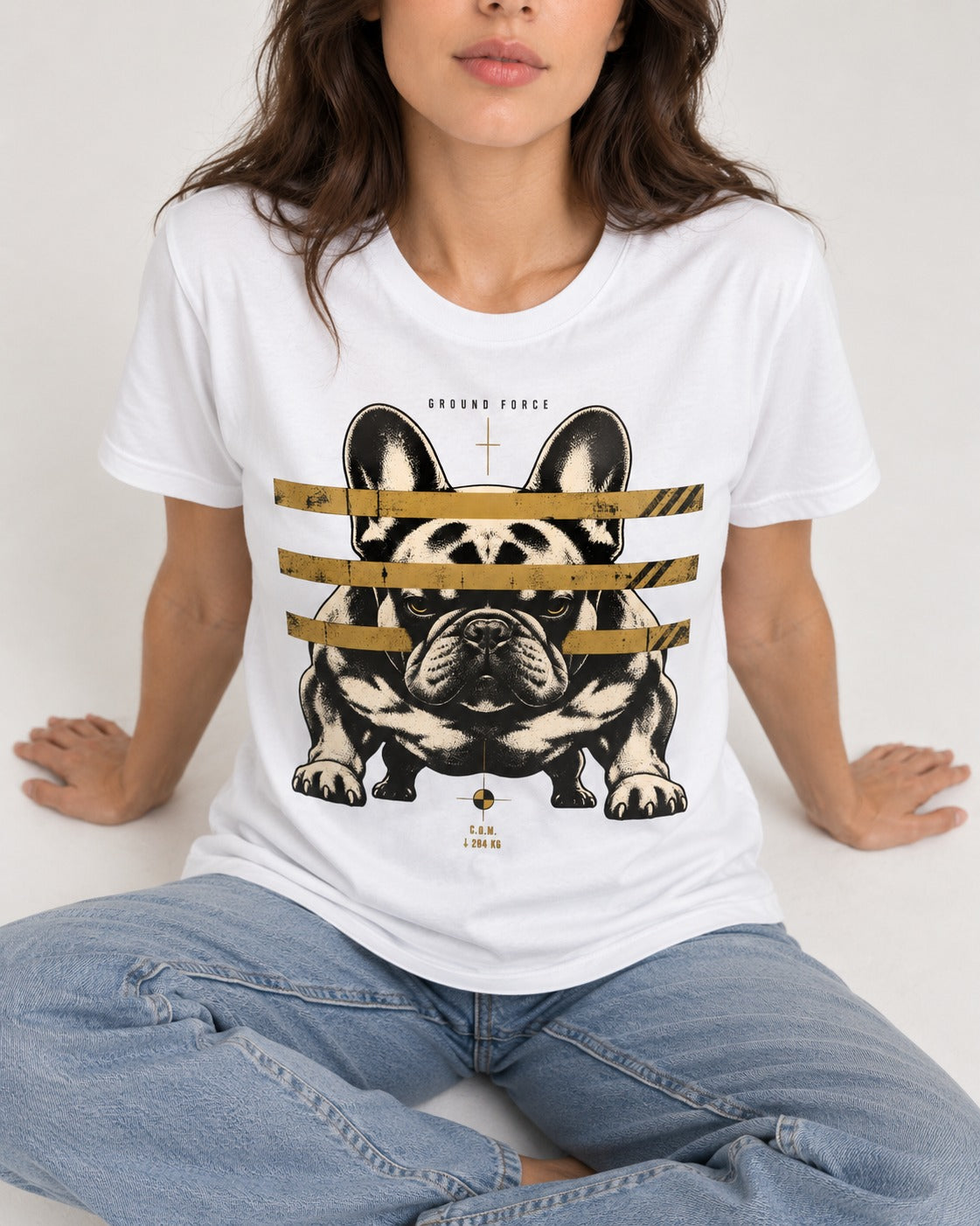 Frenchie Ground Force Industrial Barrier Graphic T-Shirt in White, worn by a seated model