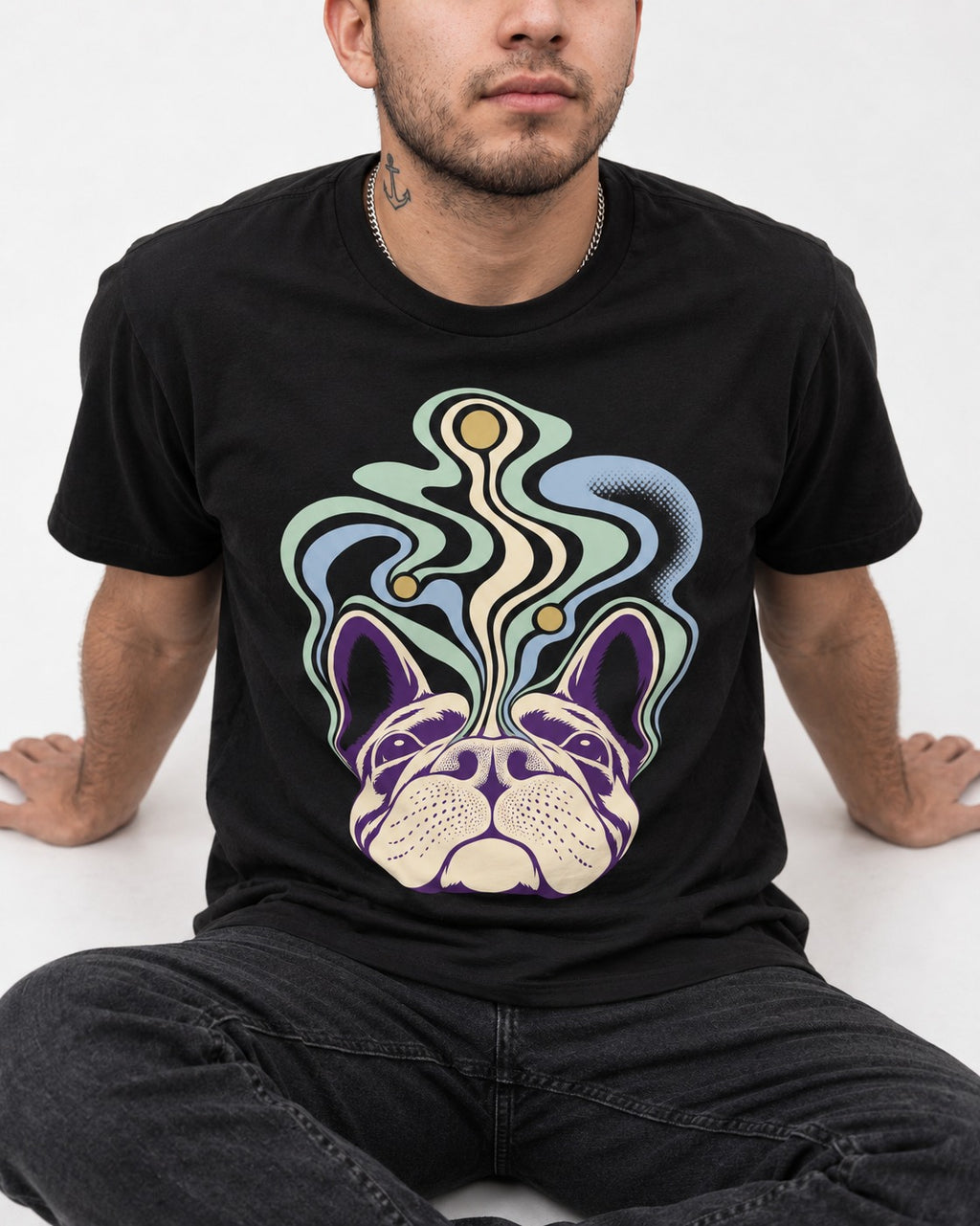 Frenchie Scent Cartography Vapor Route Graphic T-Shirt in Black, worn by a seated model