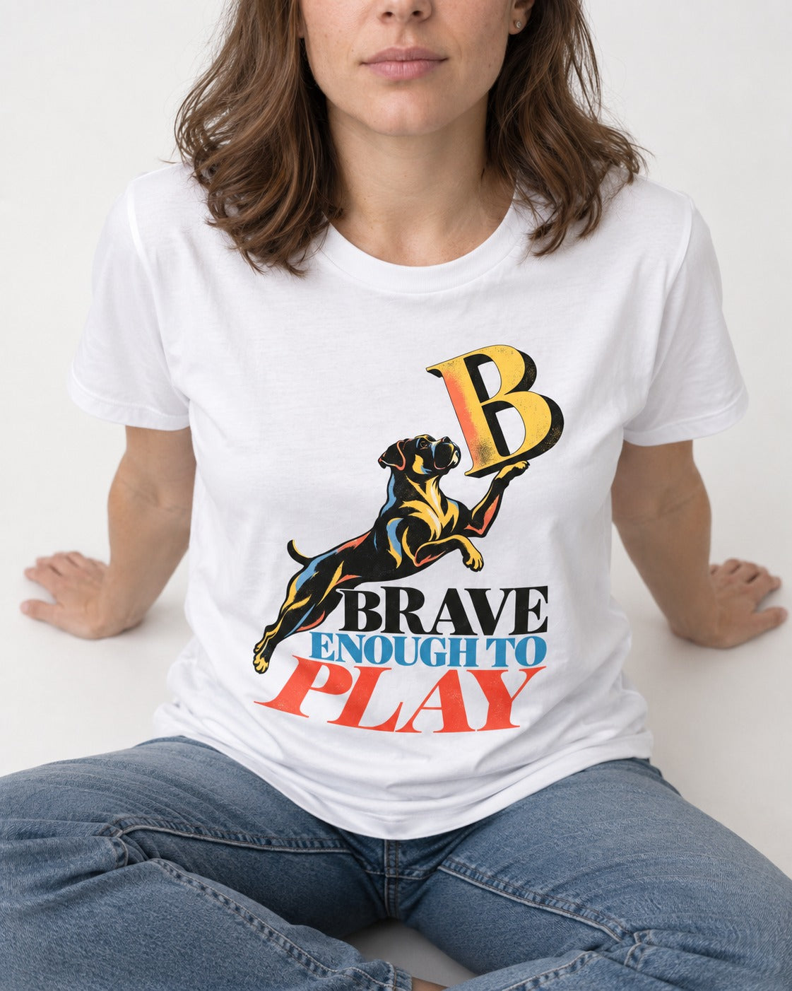 Boxer Brave Enough to Play T-Shirt in White, worn by a seated model