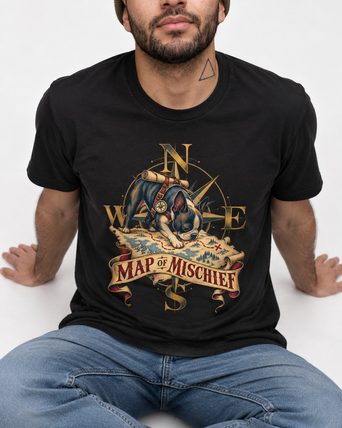 Map of Mischief Boston Terrier T-Shirt in Black, worn by a seated model