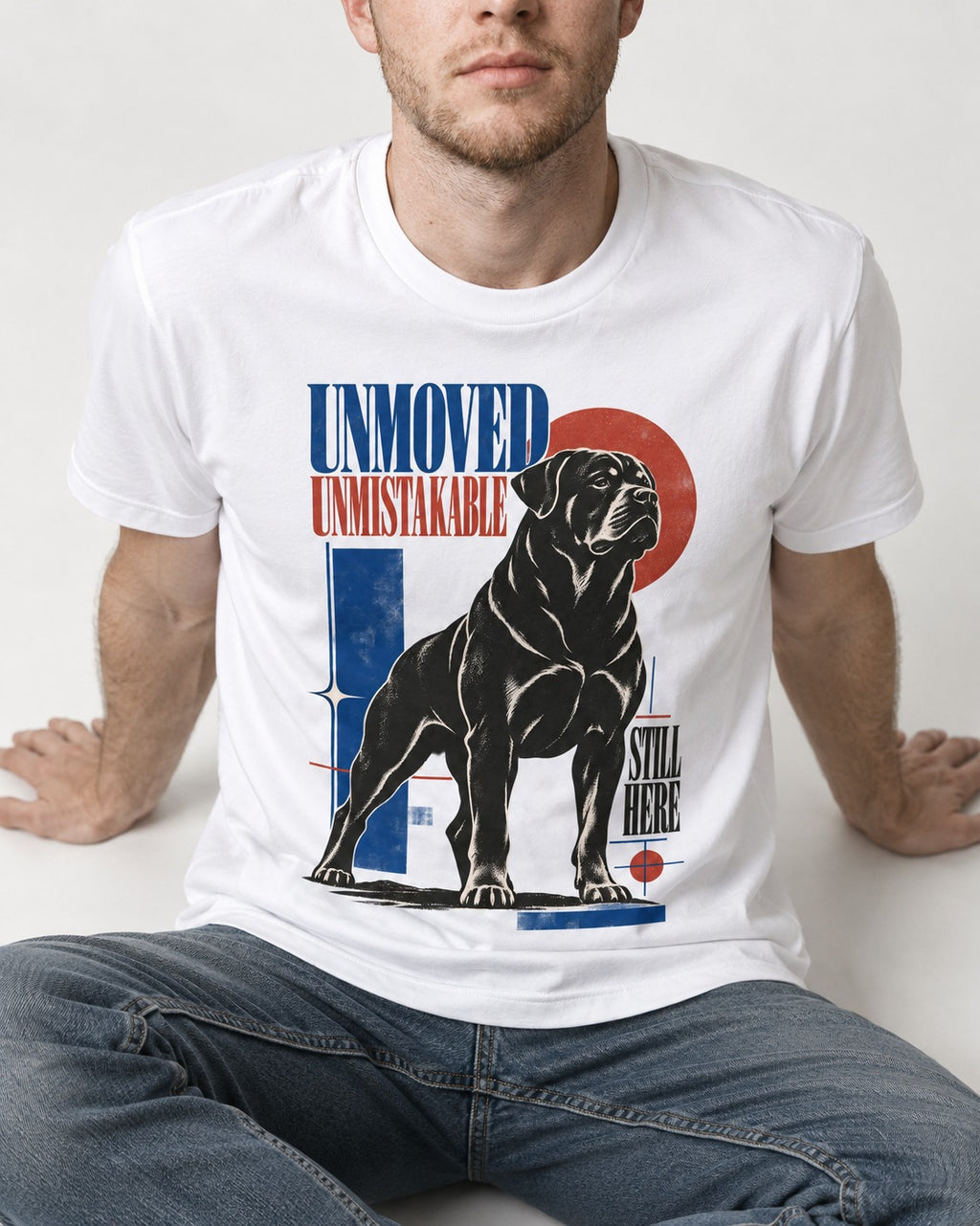 Unmoved Unmistakable Rottweiler T-Shirt in White, worn by a seated model