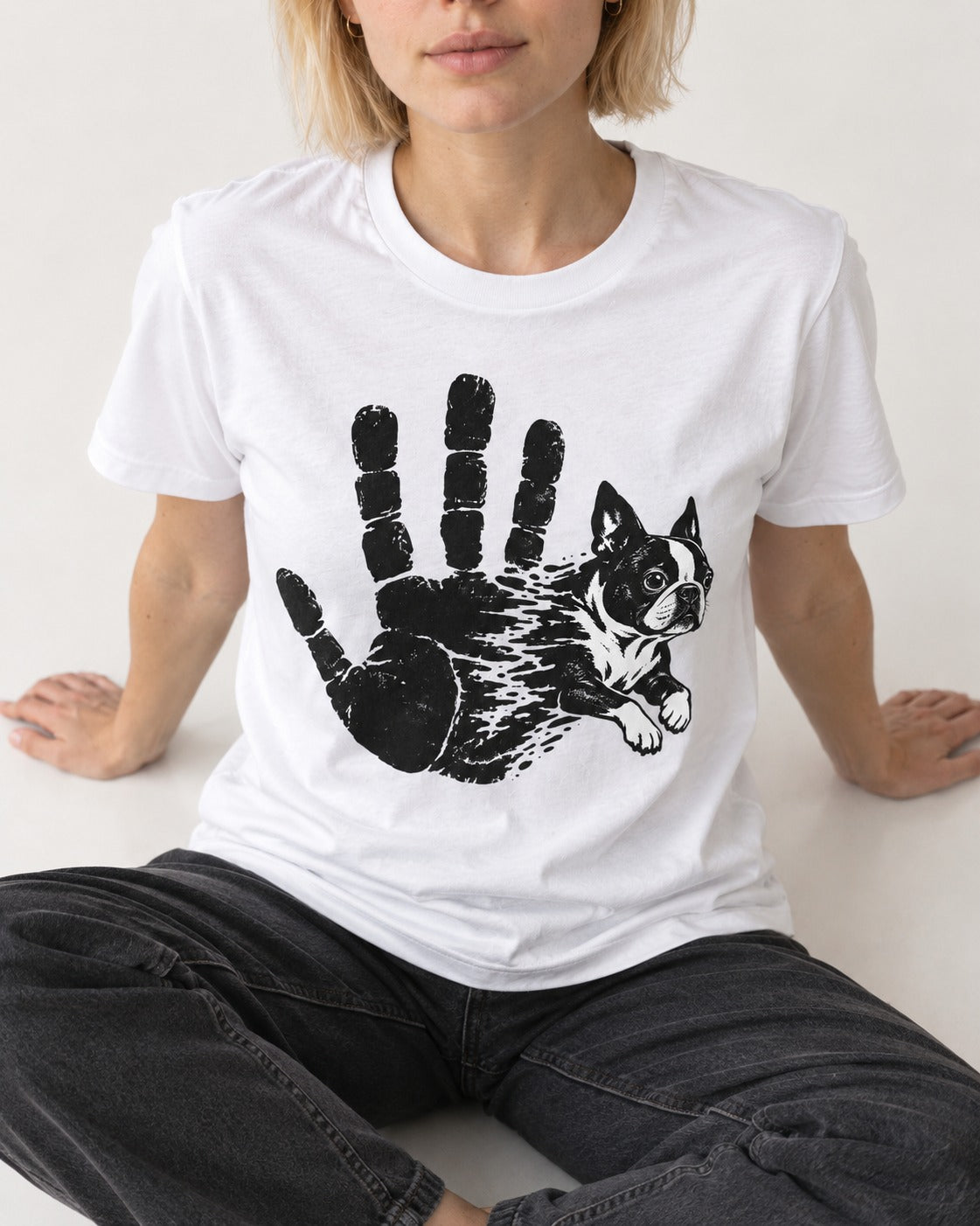 Boston Terrier High Five T-Shirt in White, worn by a seated model