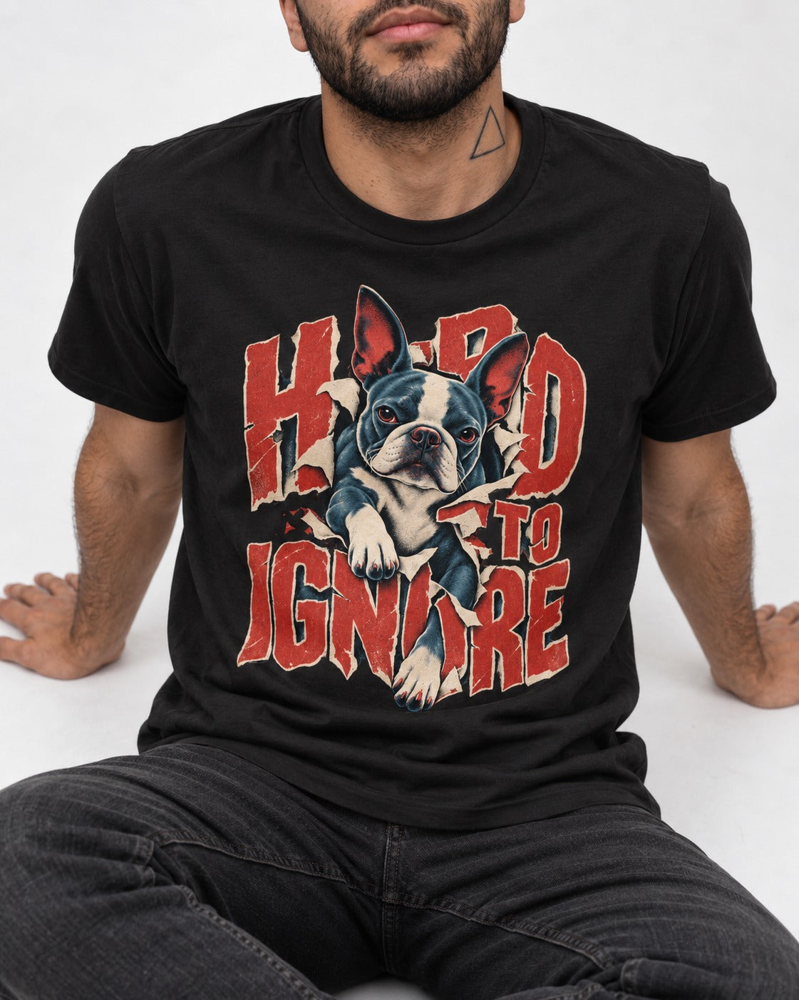 Hard to Ignore Boston Terrier Graphic T-Shirt in Black, worn by a seated model