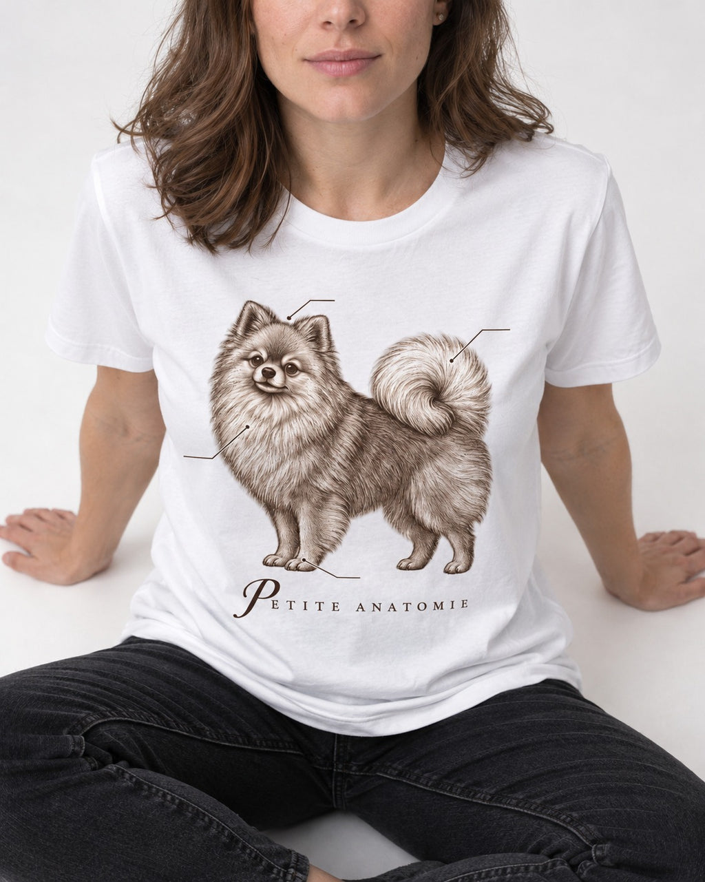 Pomeranian Petite Anatomie T-Shirt in White, worn by a seated model