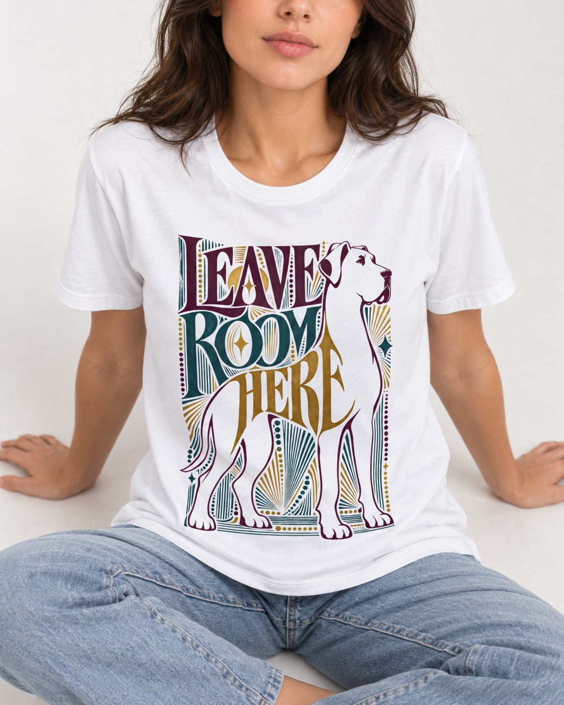 Leave Room for Great Dane T-Shirt in White, worn by a seated model