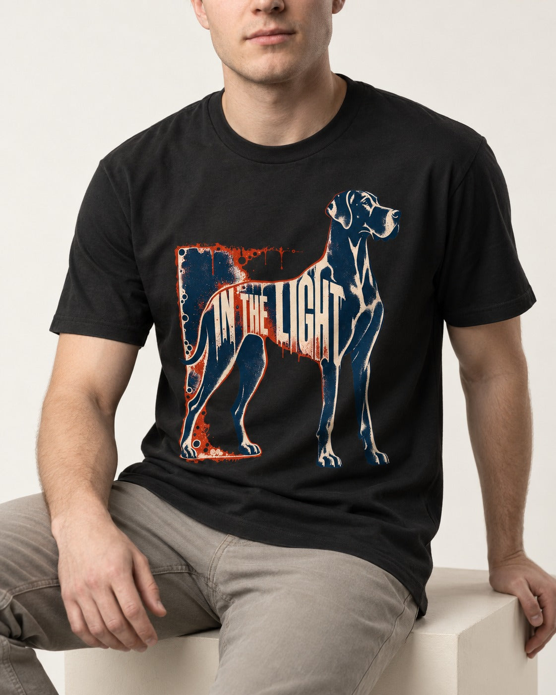 Great Dane In the Light Industrial Frame Graphic T-Shirt in Black, worn by a seated model