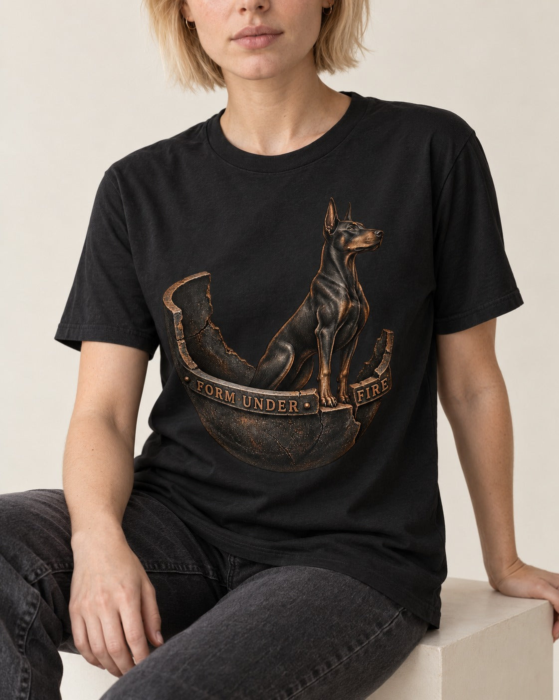 Doberman Form Under Fire Broken Shell Graphic T-Shirt in Black, worn by a seated model