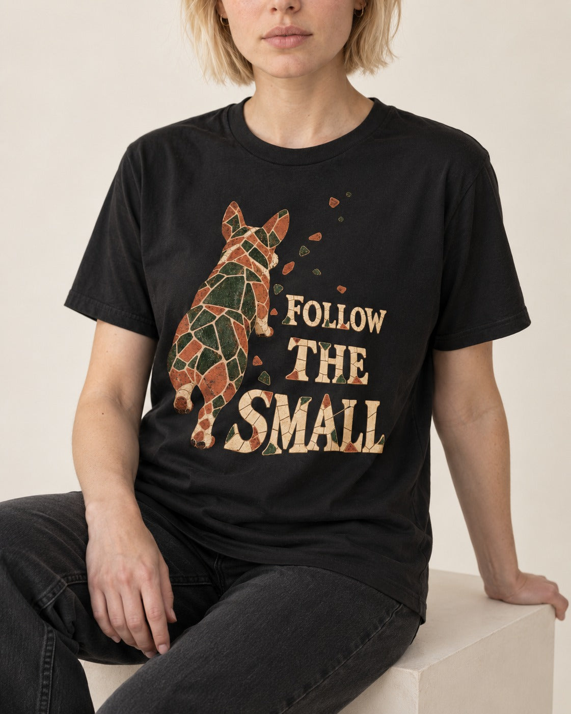 Corgi Follow the Small Mosaic T-Shirt in Black, worn by a seated model