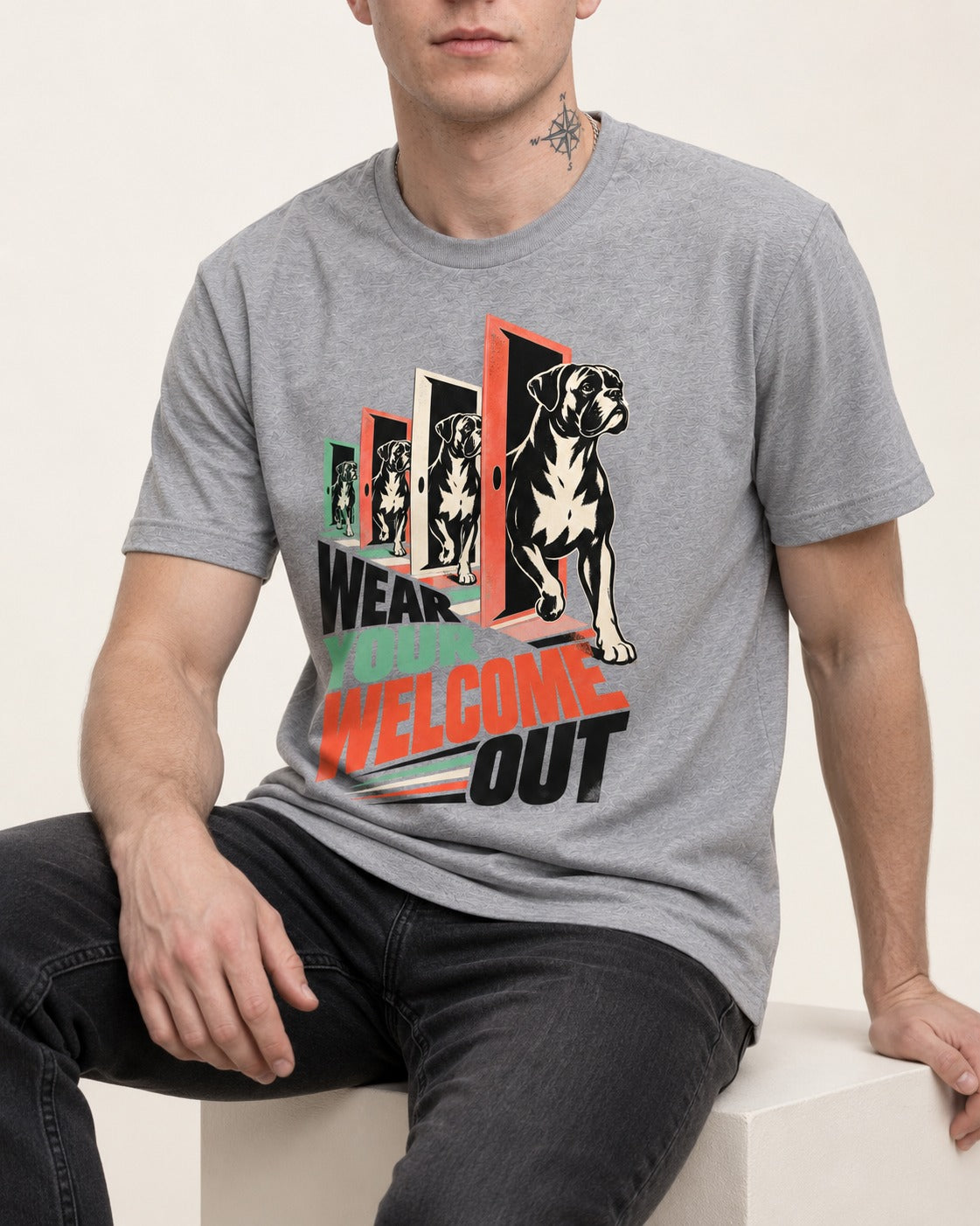 Wear Your Welcome Out Boxer Doorway Progression Graphic T-Shirt in Sport Grey, worn by a seated model