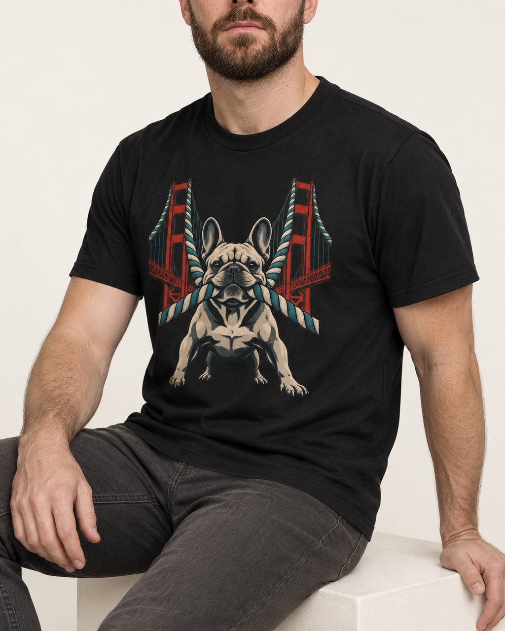 Frenchie Tug Anchor Bridge Graphic T-Shirt in Black, worn by a seated model