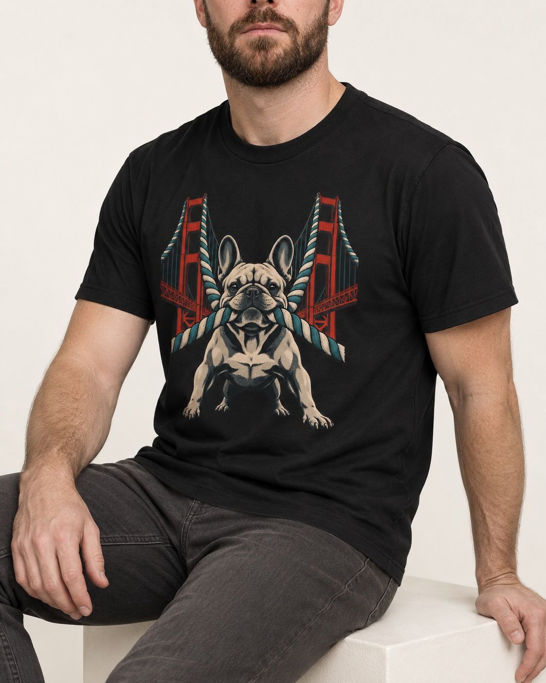Frenchie Tug Anchor Bridge Graphic T-Shirt in Black, worn by a seated model