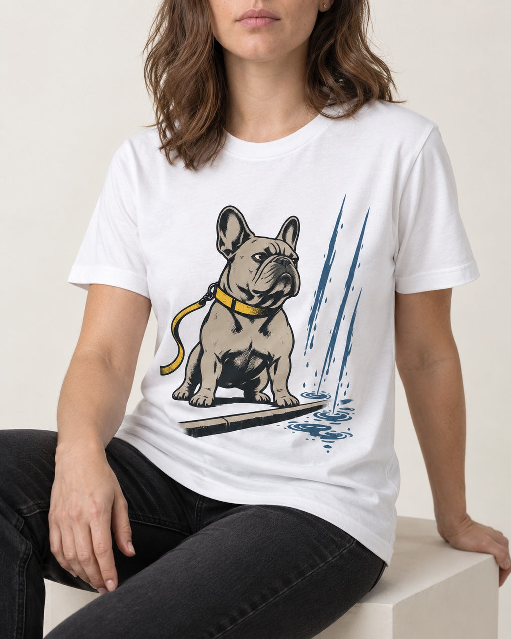 Frenchie Has Standards T-Shirt in White, worn by a seated model