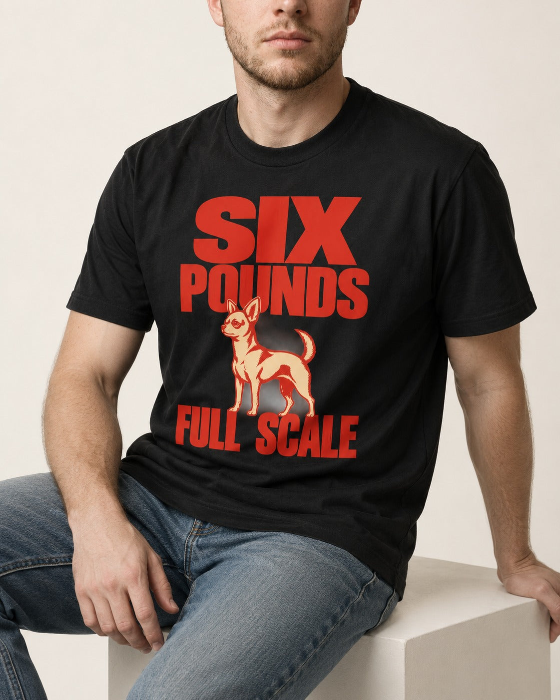 Chihuahua Six Pounds Full Scale Typographic Graphic T-Shirt in Black, worn by a seated model