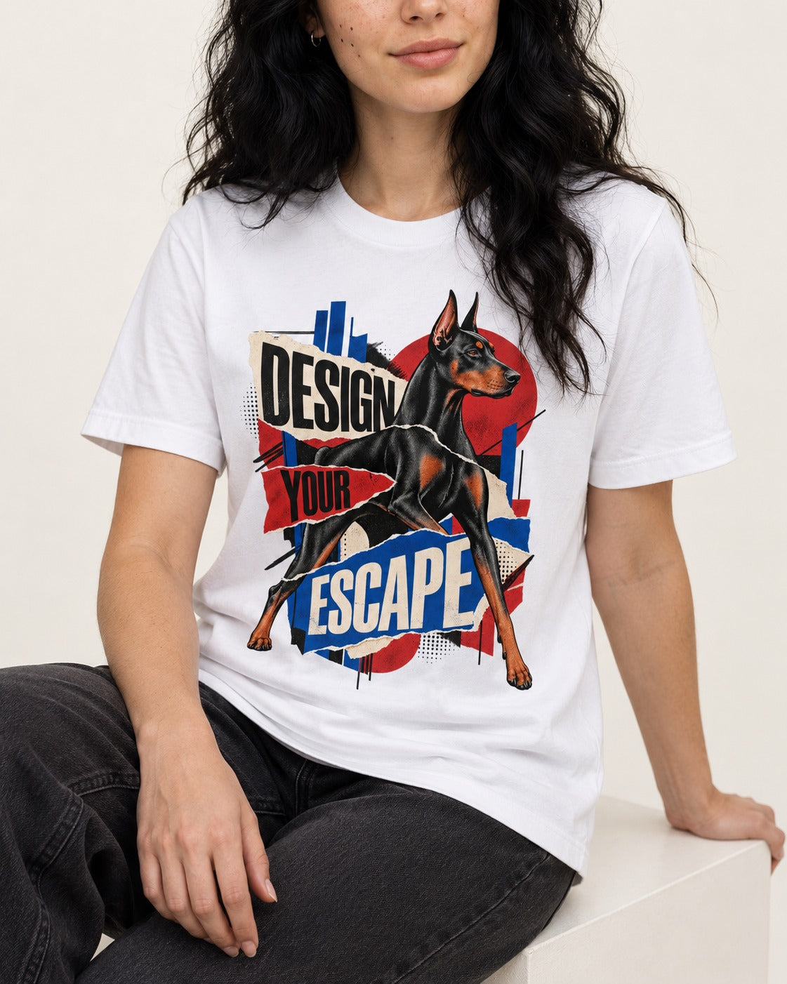 Doberman Escape T-Shirt in White, worn by a seated model
