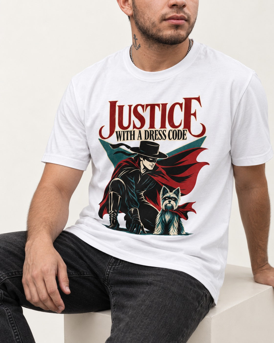 Yorkshire Terrier Dress Code Justice T-Shirt in White, worn by a seated model