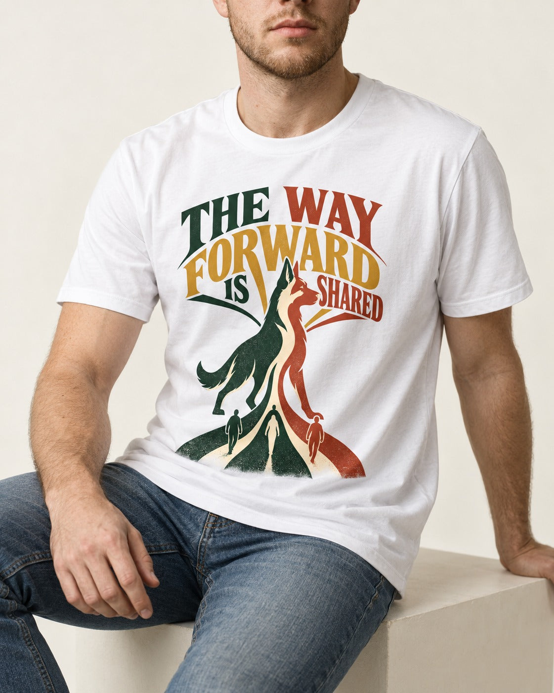 Shared Way Forward German Shepherd Dog T-Shirt in White, worn by a seated model