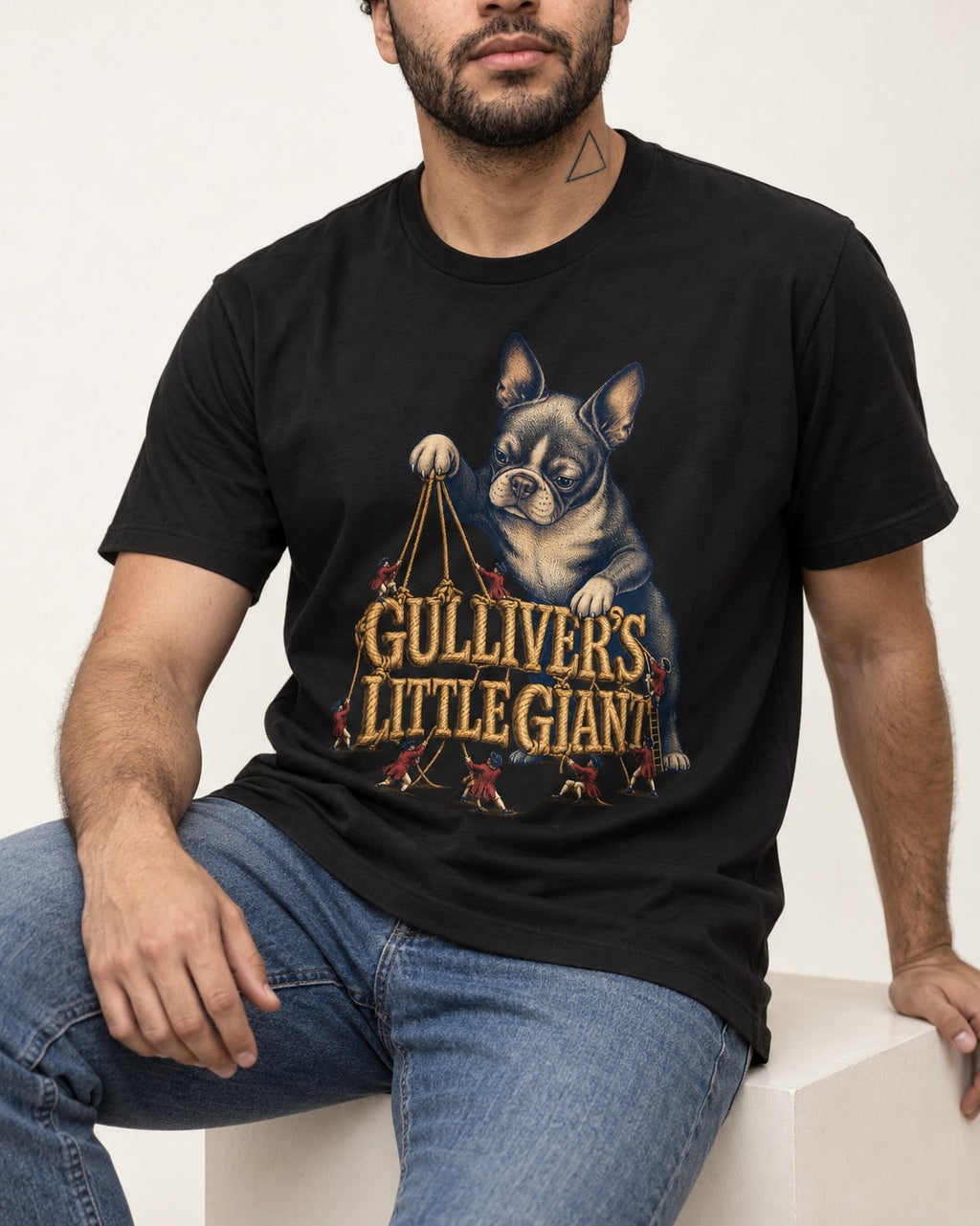Boston Terrier Gulliver’s Little Giant T-Shirt in Black, worn by a seated model
