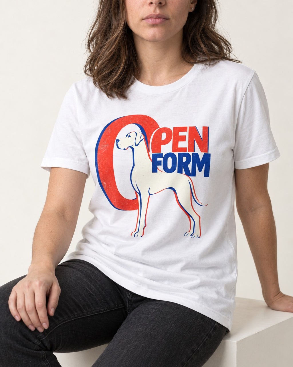 Open Form Great Dane T-Shirt in White, worn by a seated model