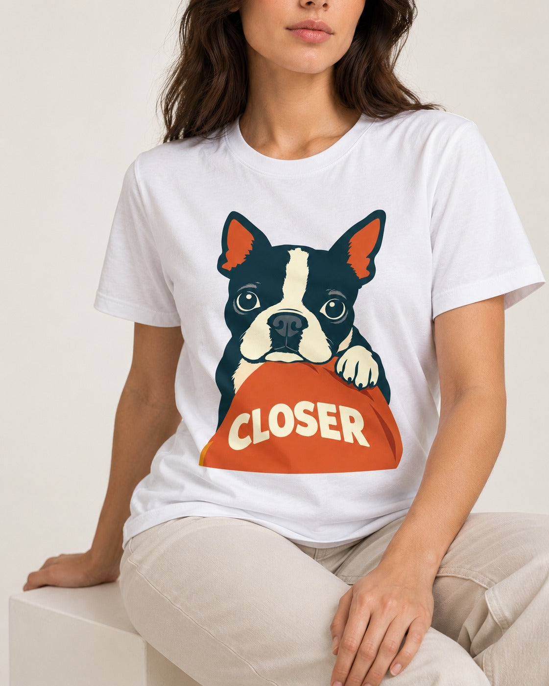 Come Closer Boston Terrier T-Shirt in White, worn by a seated model