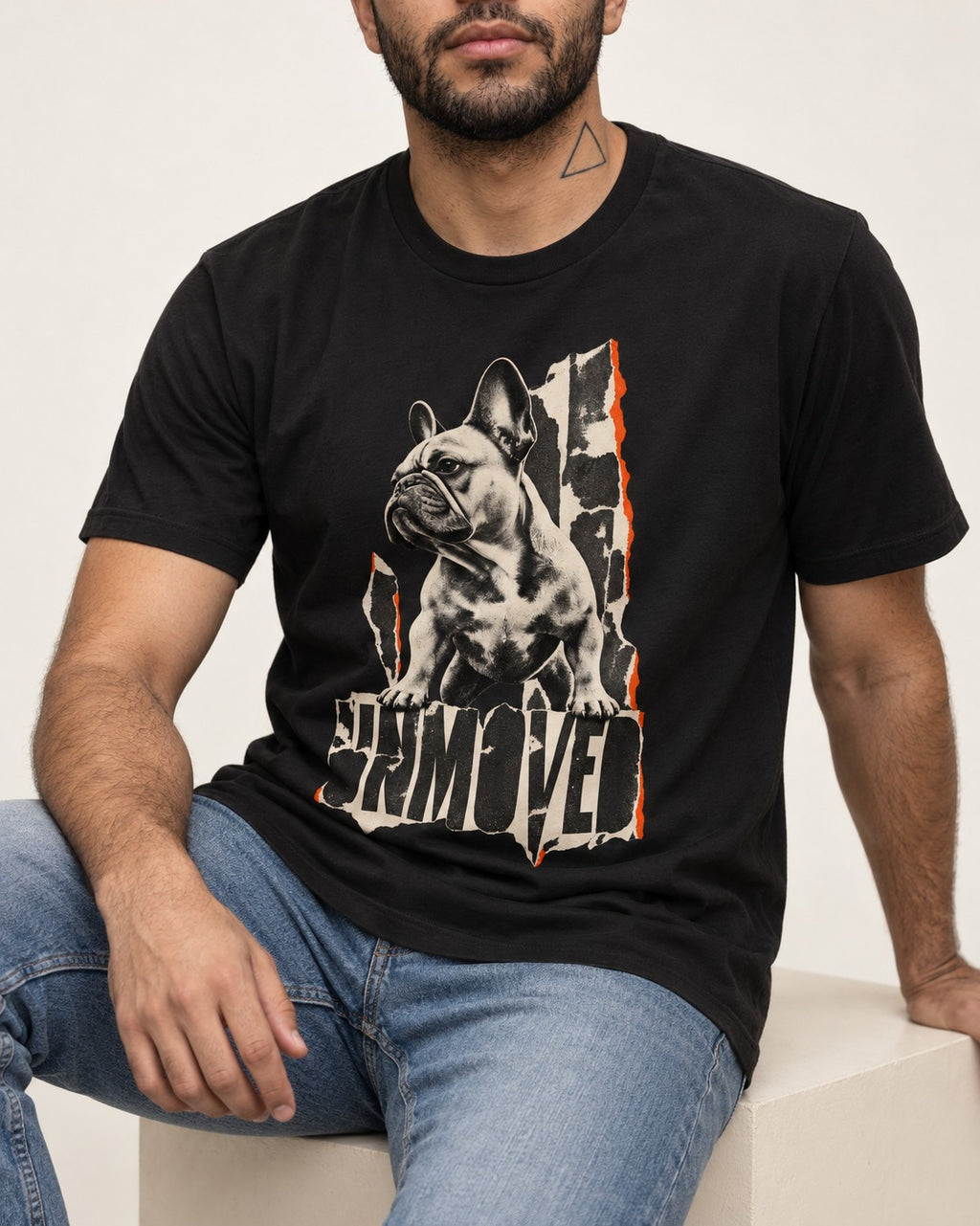Frenchie Unmoved Torn Poster Graphic T-Shirt in Black, worn by a seated model