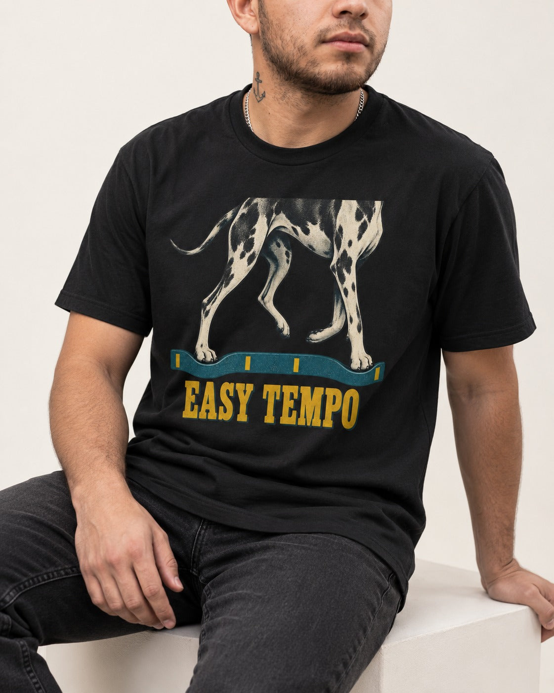 Great Dane Easy Tempo Elastic Band Legs Graphic T-Shirt in Black, worn by a seated model