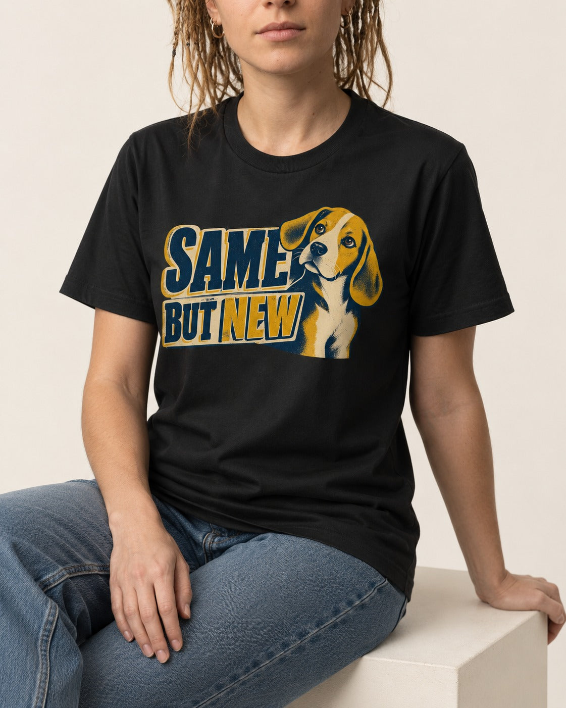 Same Beagle But New T-Shirt in Black, worn by a seated model