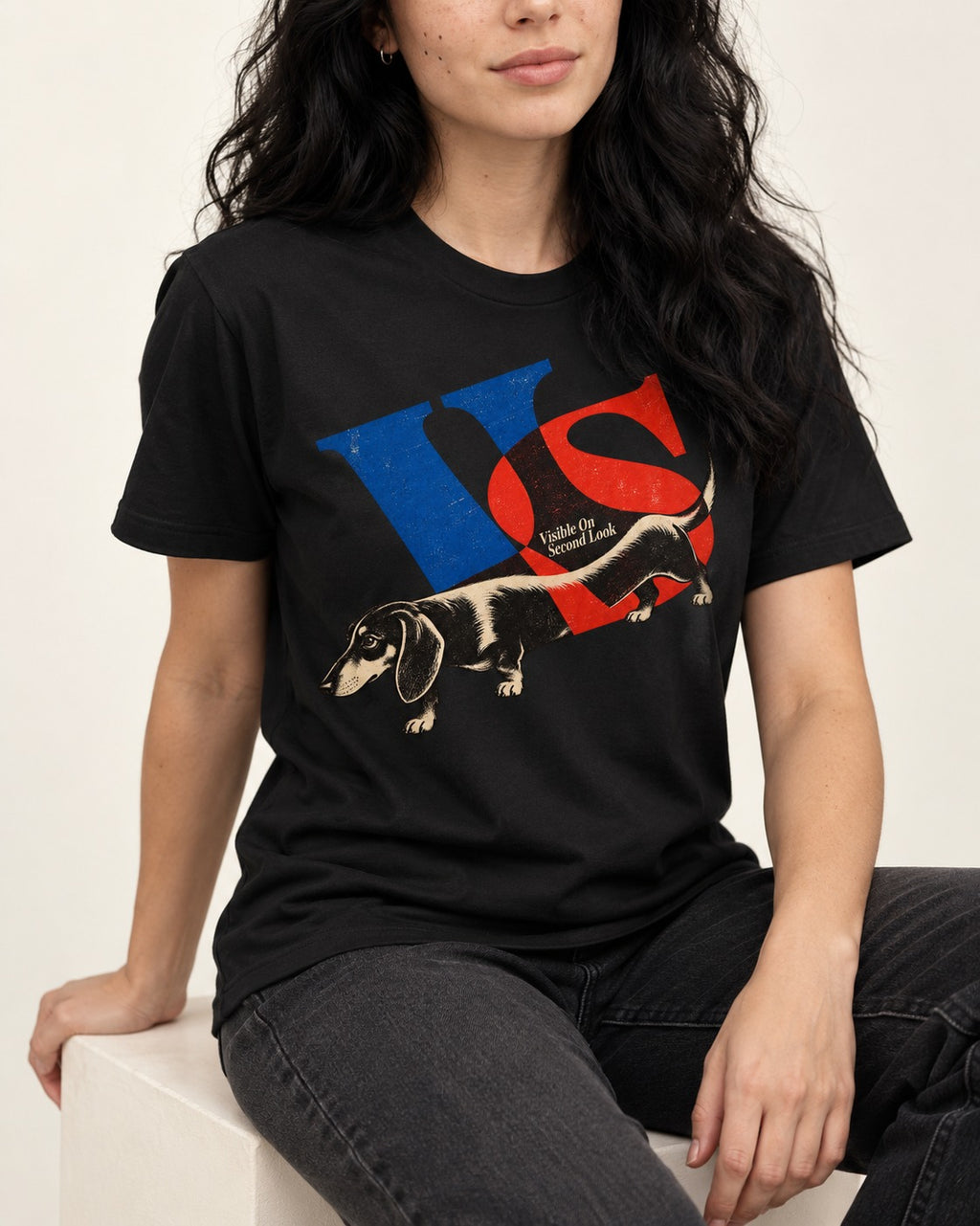 Dachshund VS Visible On Second Look Graphic T-Shirt in Black, worn by a seated model