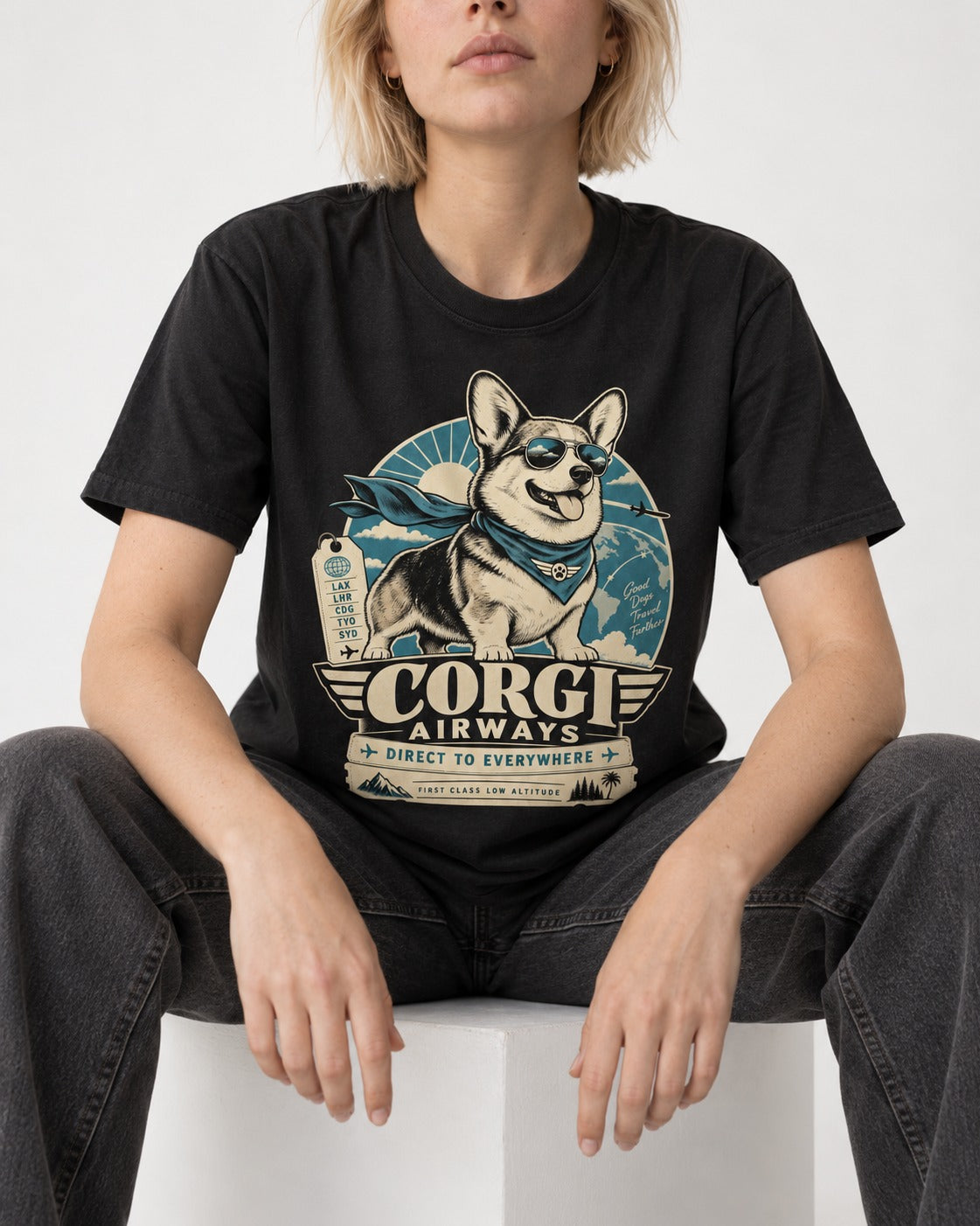 Corgi Airways Direct to Everywhere Badge T-Shirt in Black, worn by a seated model