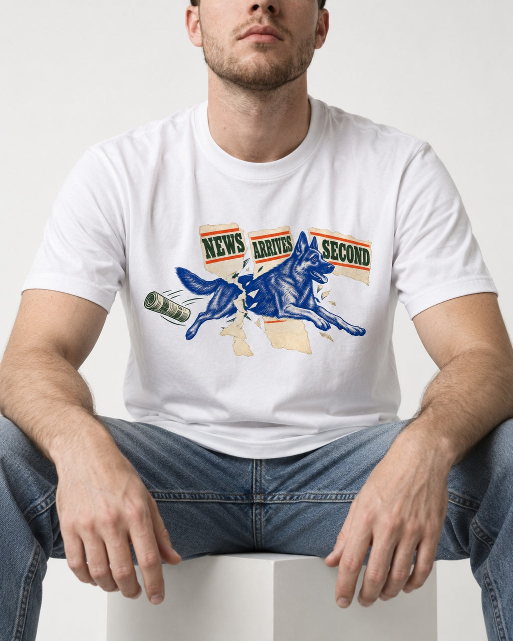 News Arrives Second German Shepherd Dog T-Shirt in White, worn by a seated model