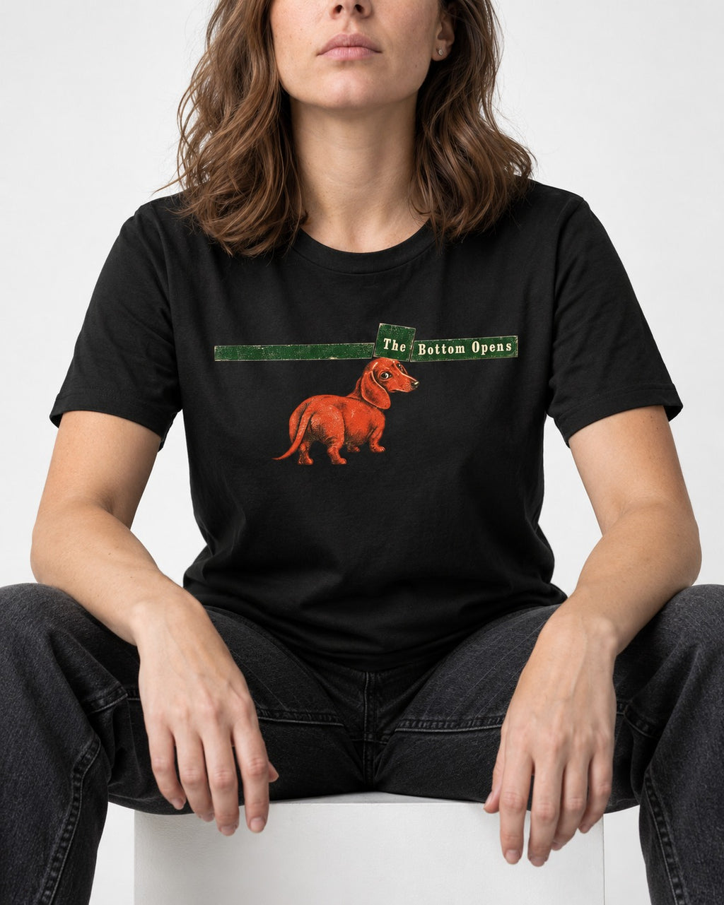 Dachshund The Bottom Opens Signpost Graphic T-Shirt in Black, worn by a seated model