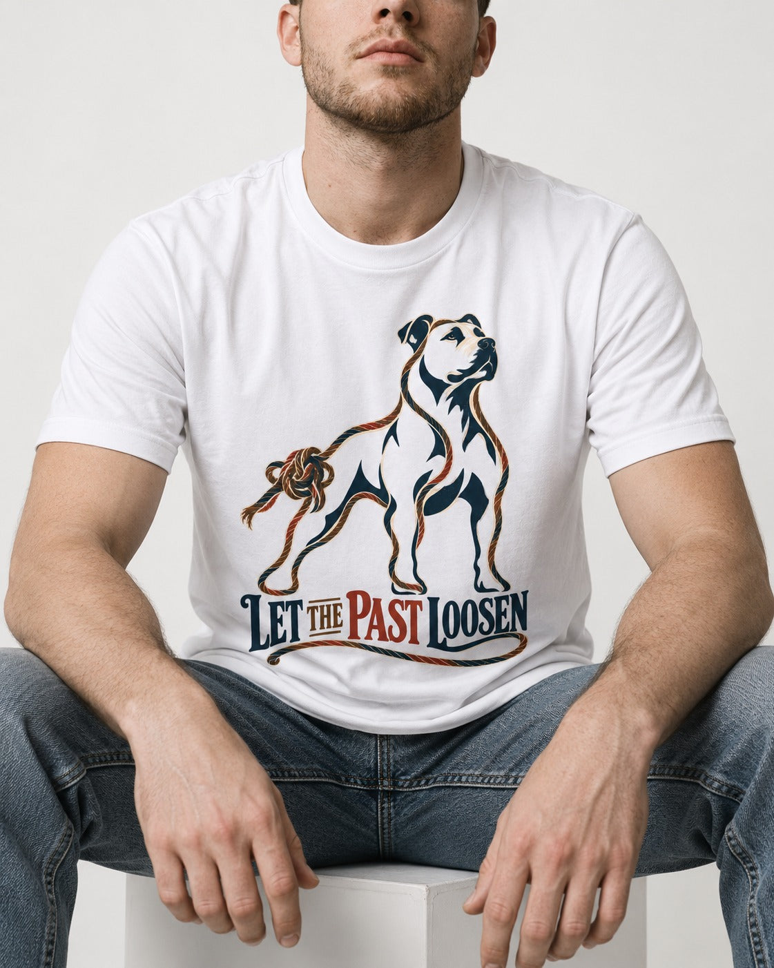 Pitbull Let the Past Loosen T-Shirt in White, worn by a seated model