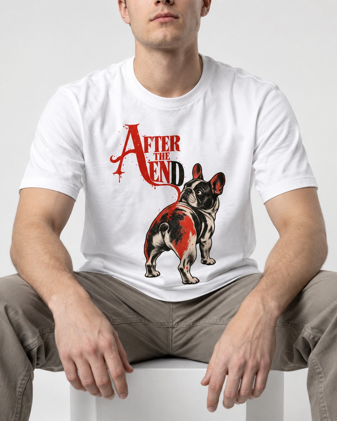 Frenchie After the End T-Shirt in White, worn by a seated model
