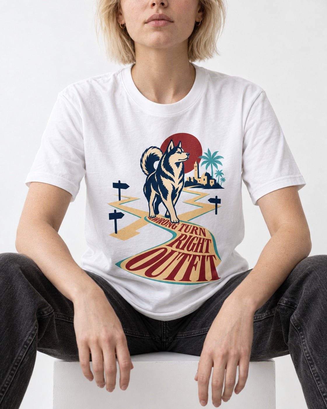 Wrong Turn Right Outfit Husky T-Shirt in White, worn by a seated model
