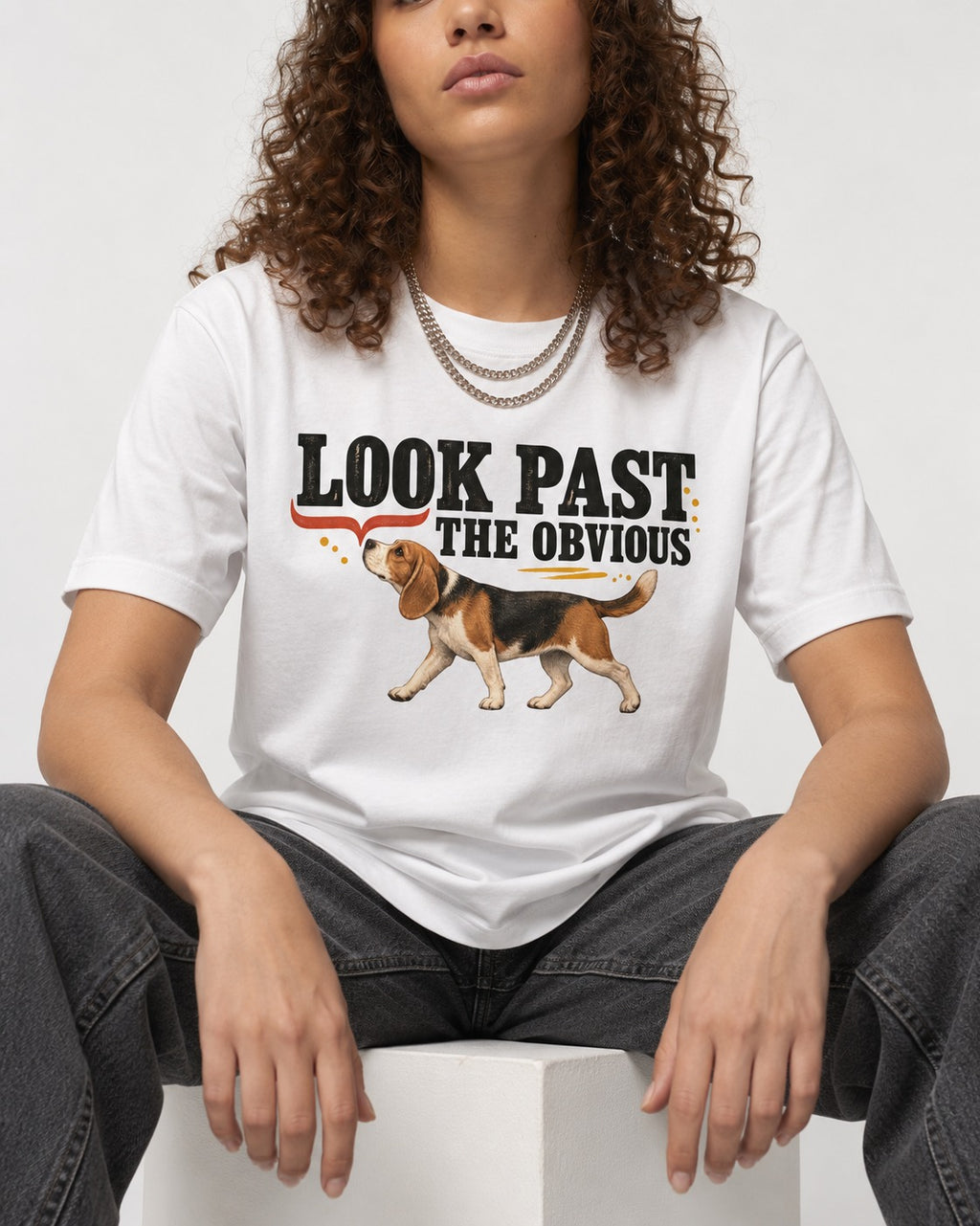 Beagle Look Past the Obvious T-Shirt in White, worn by a seated model