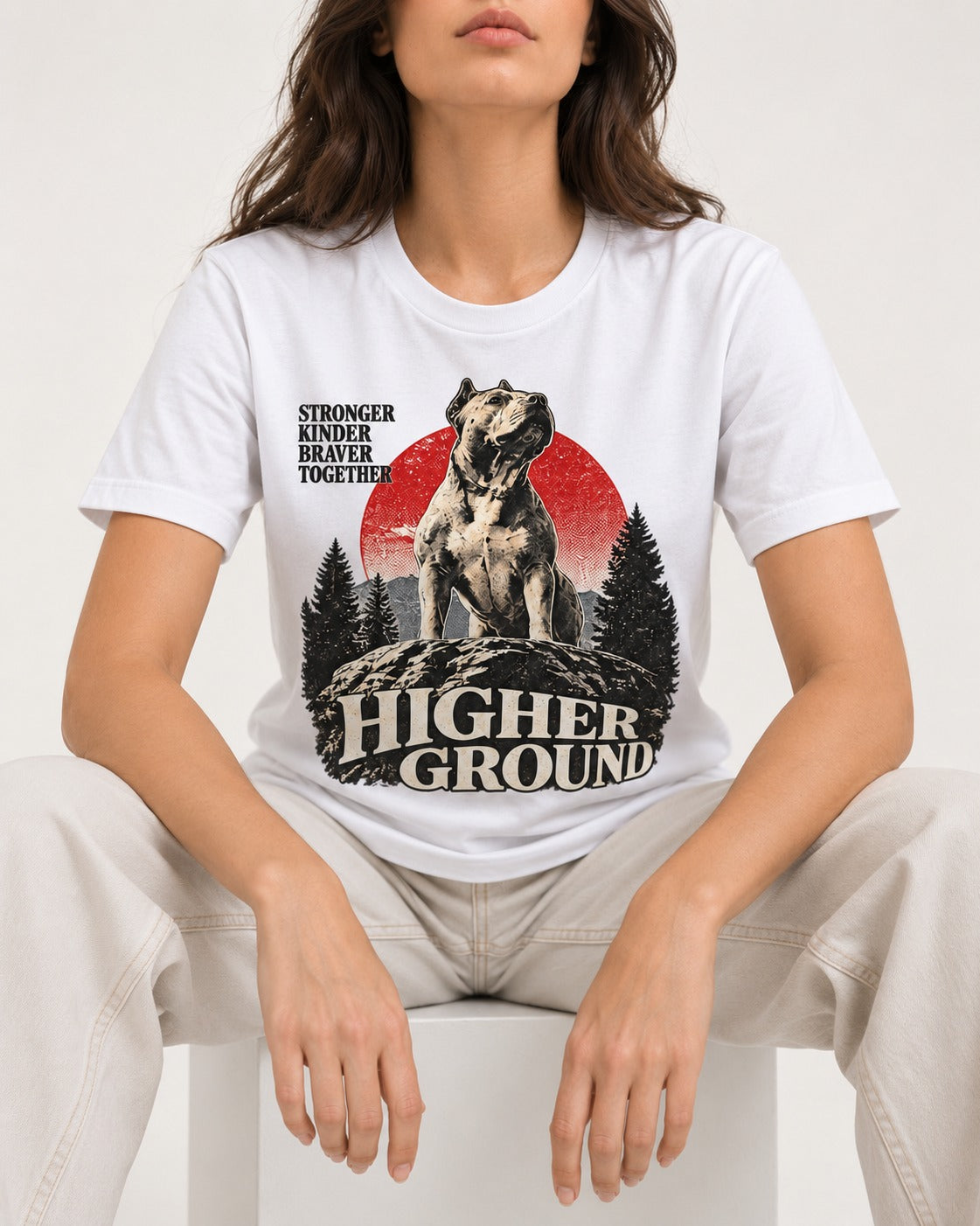 Pitbull Higher Ground T-Shirt in White, worn by a seated model