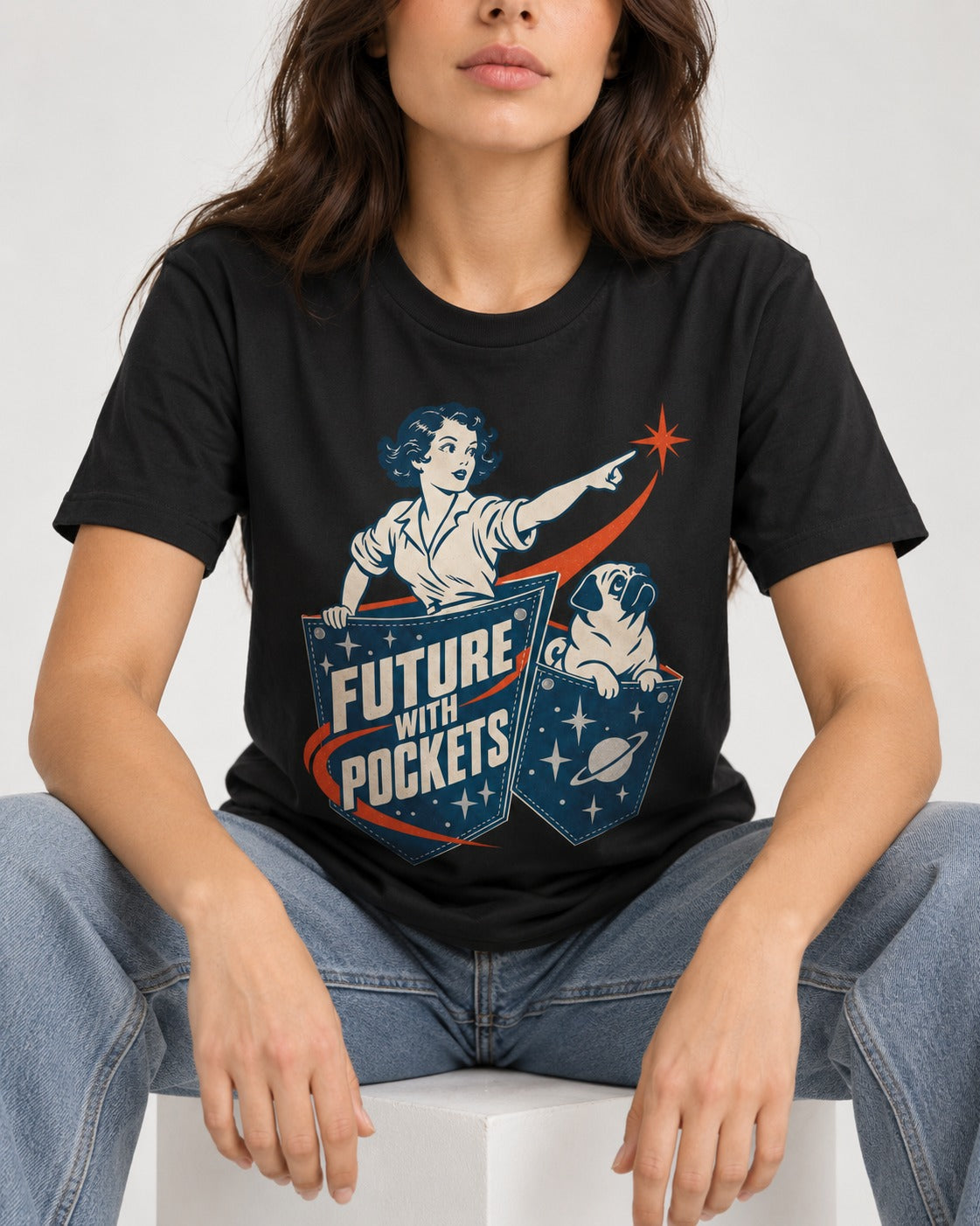 Pug Future with Pockets Space Pocket Graphic T-Shirt in Black, worn by a seated model