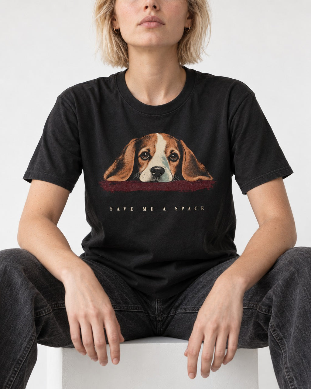 Save Me A Space Beagle T-Shirt in Black, worn by a seated model