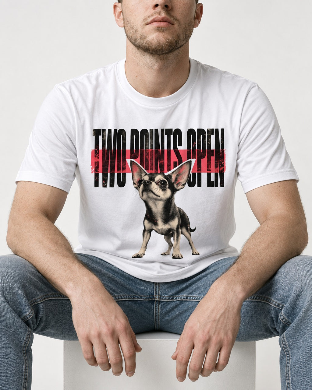 Two Points Open Chihuahua T-Shirt in White, worn by a seated model